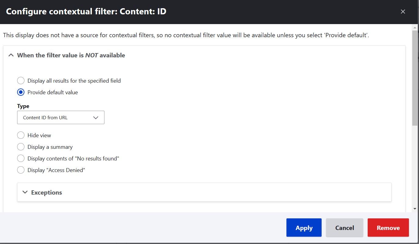 "Settings for the contextual filter, the content ID set to default on the content ID in the URL."