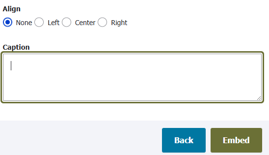 "Buttons to choose from alignment options and a text field for caption, before the button to Embed."
