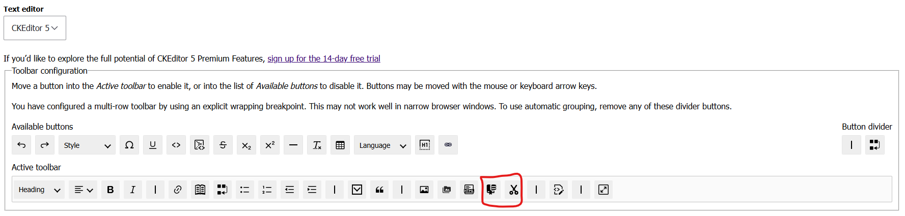 "In the toolbar configuration for a text format, several buttons are shown. A red box is drawn around the two embed content buttons to show they match the icons set in the configuration above."