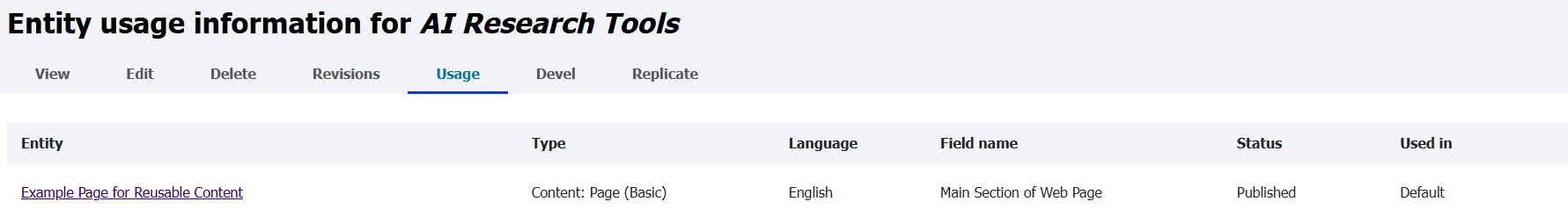 "Under the Usage tab on content, a table shows the Entity, the Type of that entity, the Language of that content, the Field Name with the linking connection, the Status of that page, and whether it is used in the current or old revision."