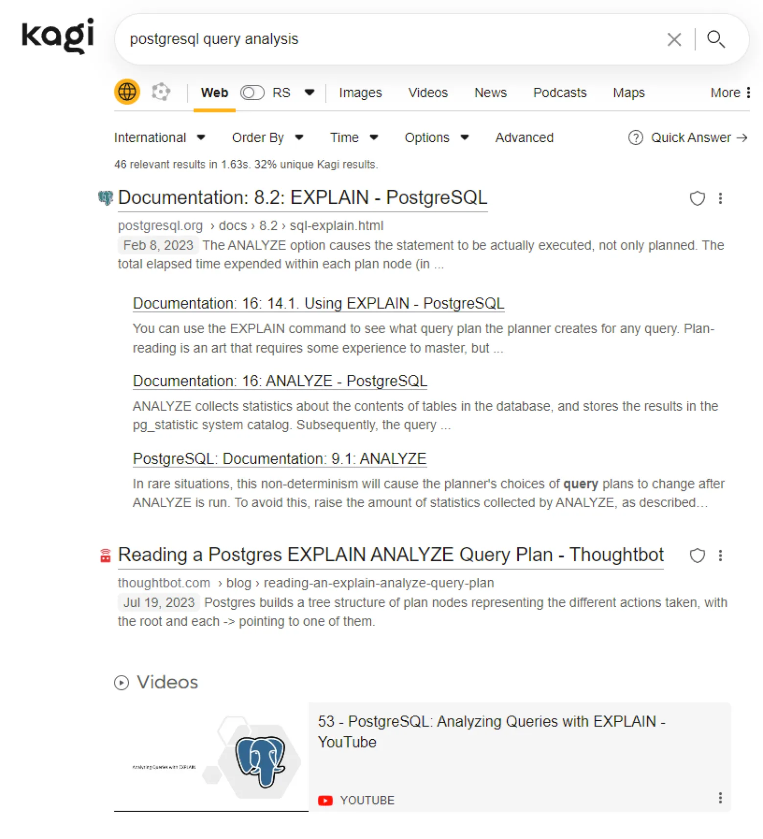 "An example of the Kagi search results, from their site with results for postgresql query analysis."