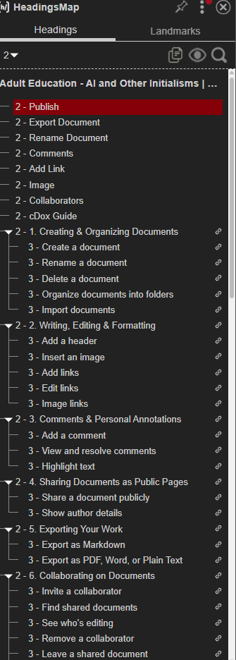 "cDox headings map starts with several h2 headings, then some of those (correctly) have h3's under them. There is no h1."