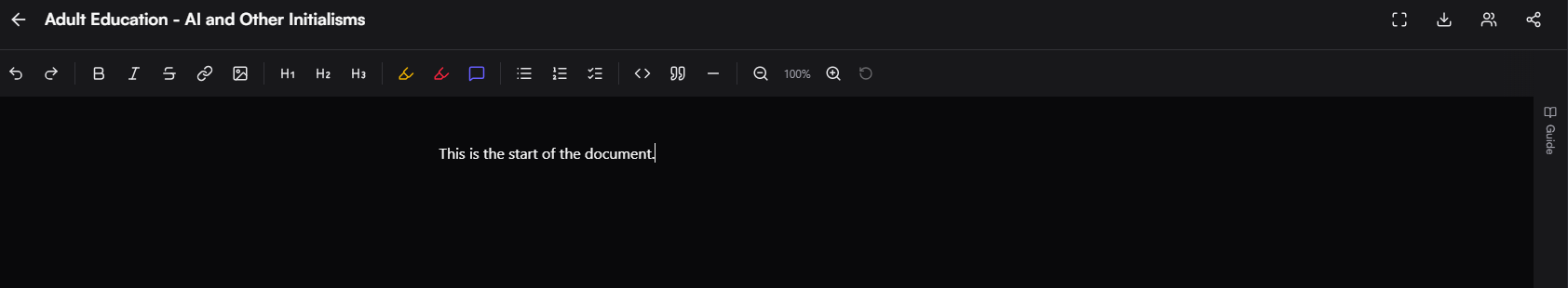 "cDox editor for a single document, with a title across the top followed by some simple WYSIWYG commands on the next level. In the top right there are a few more buttons including downloading the document to other format."