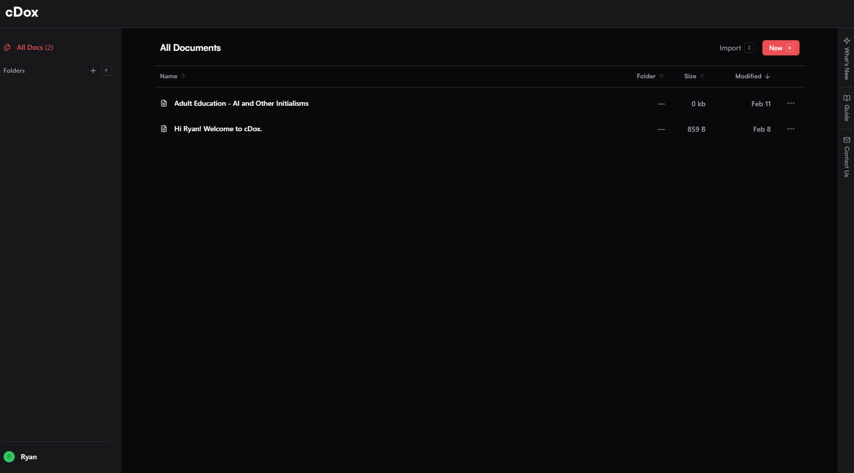 "Dashboard for cDox, with a minimalist design of a sidebar for folders and the main area with a list of all documents."