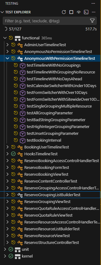 "Tests Explorer panel with some tests showing the yellow clock as running and others with the green checkmark as passed"