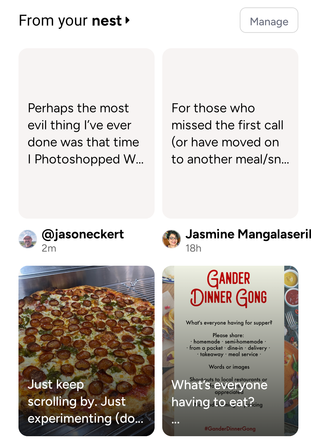 "The section described above, with two posts that have some text cut off against blank backgrounds, then two posts that have nothing photos and also some text cut off in front of it."