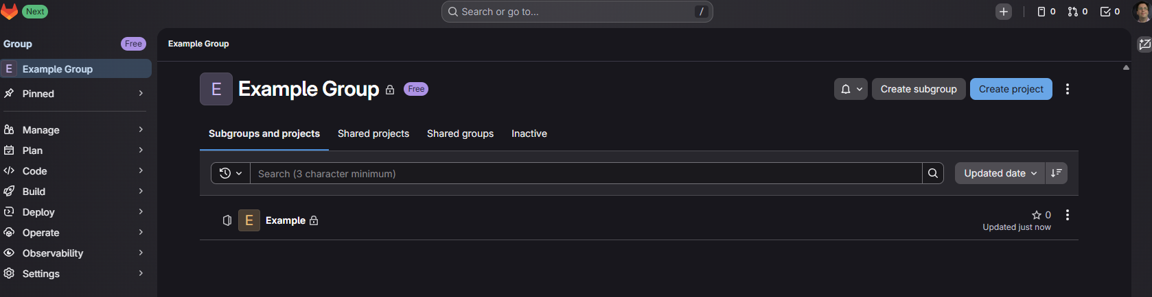 "A GitLab group: there are similar options to the project in the left sidebar menu, but in the middle there is a group of other projects within this group."
