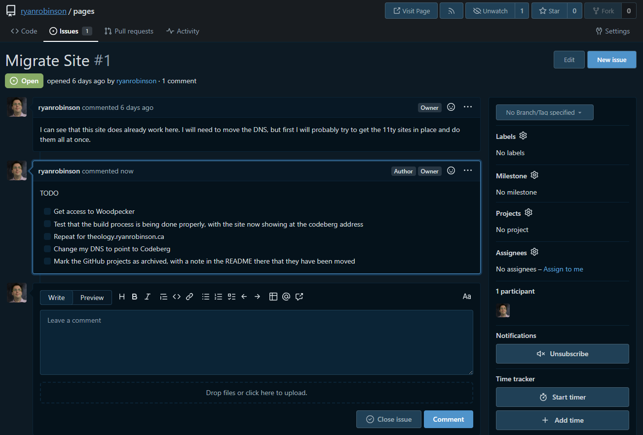"Codeberg issue summary, with a couple of comments from myself and a sidebar for tracking more information about the issue such as labels and milestone."