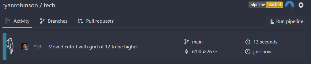 "From the Codeberg CI page, the top job is running and has an amusing graphic of a woodpecker moving as the job runs."