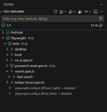 "The Tests Explorer in VS Code. The Playwright section is expanded with multiple tests or directories of tests. One test has been run, with a green checkmark indicating it passed."