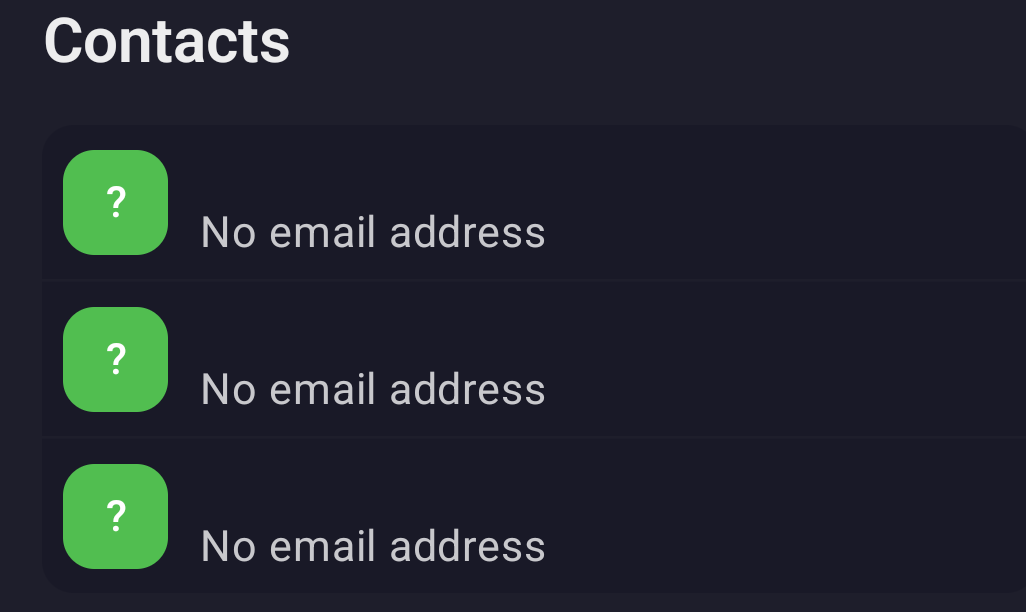 "Each of three contacts show blank for a name, followed by the words no email address, which is not very helpful information."