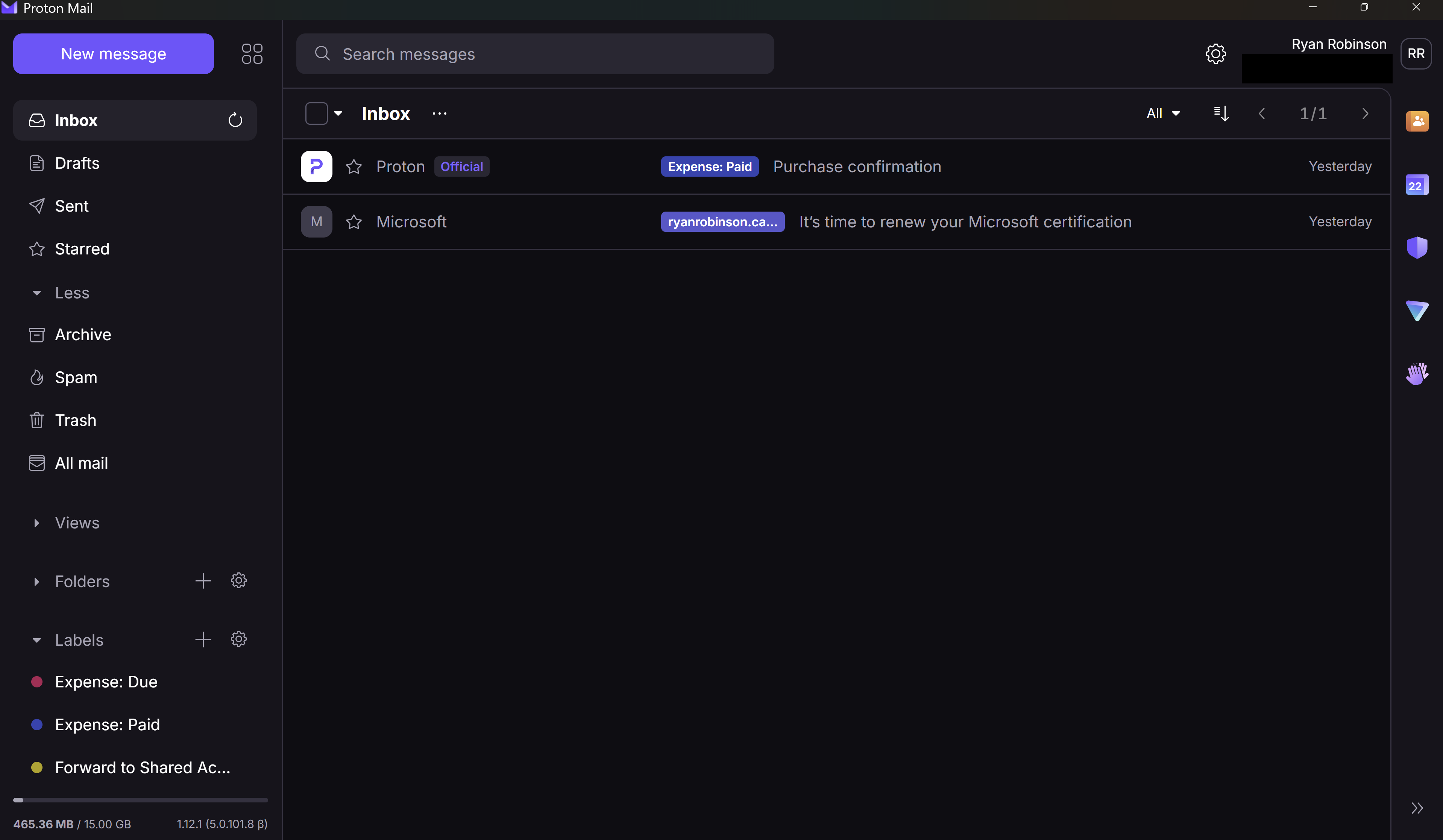 "Proton Mail UI, featuring a clean sidebar with folders, views, and labels, and a main window for the email content."
