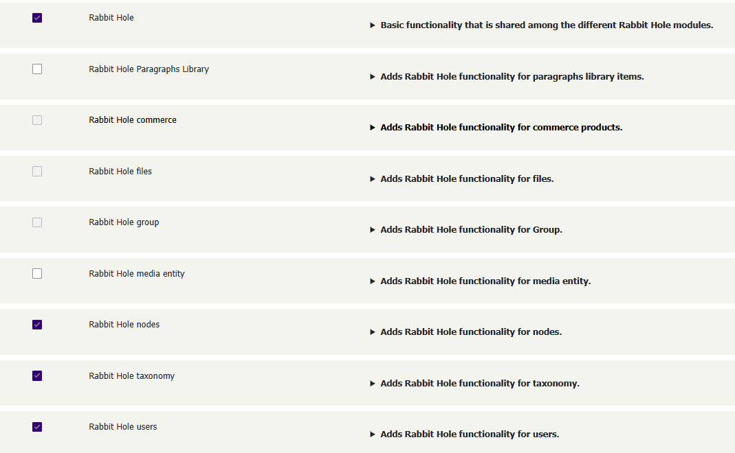 "The modules admin screen showing the whole list of Rabbit Hole modules"