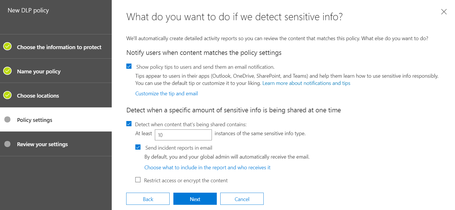 "DLP policy setting options"