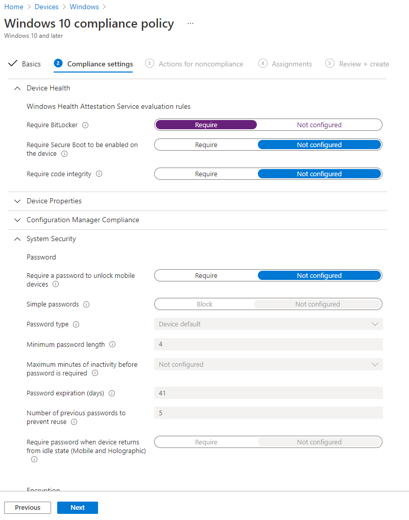 "Some of the device compliance settings, including requiring Bitlocker"