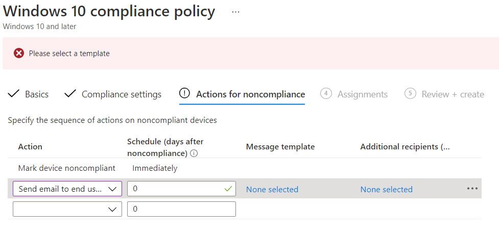 "Possible actions when device is not compliant"