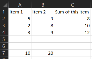 "A simple Excel table doing sum calculations in both directions"