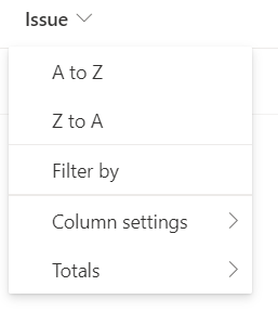 "Options that appear when clicking on a column header, including sorting"