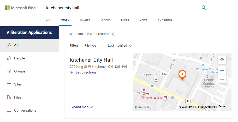 Microsoft Search demo with a location for Kitchener City Hall, with a map