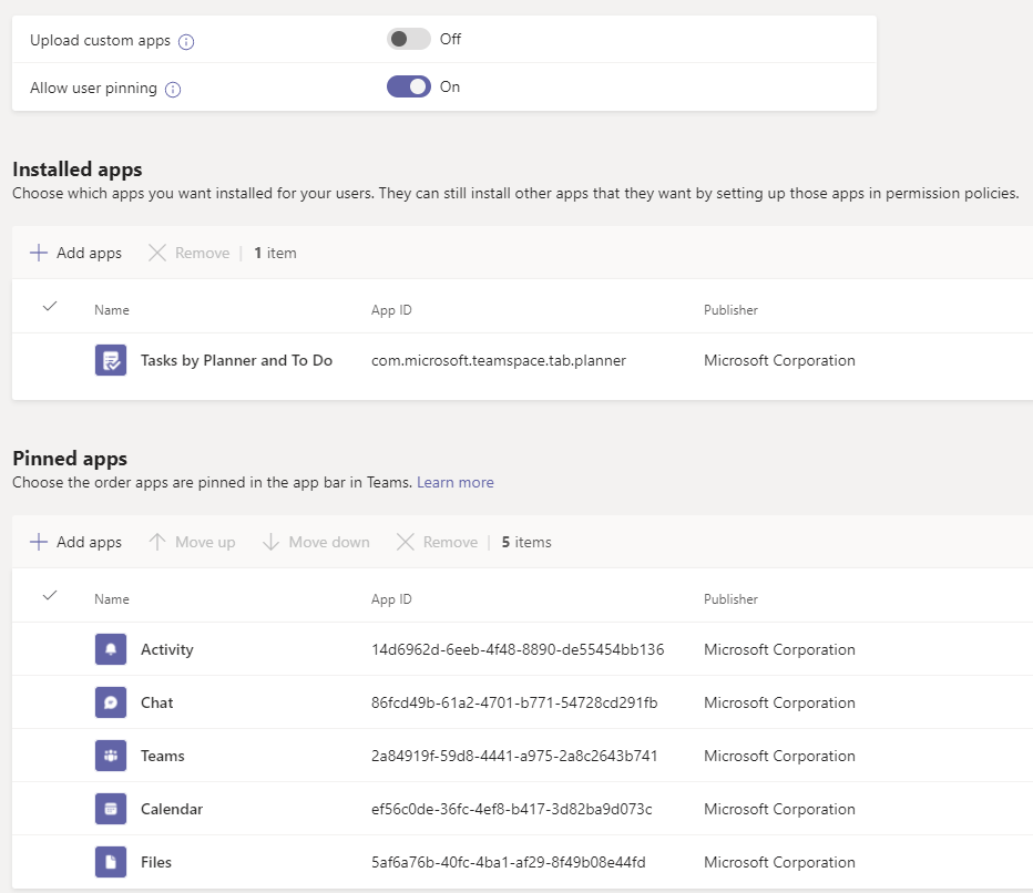 Policy editing screen with general settings, installed apps, and pinned apps