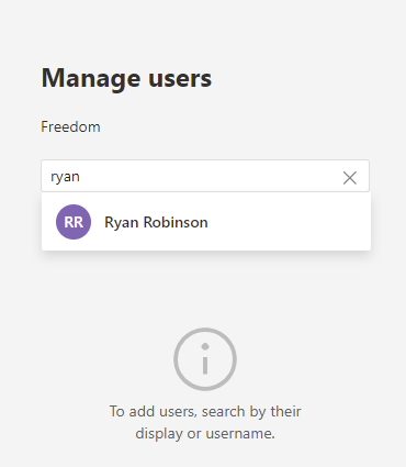 Manager users for the "Freedom" policy, adding the user "Ryan Robinson"