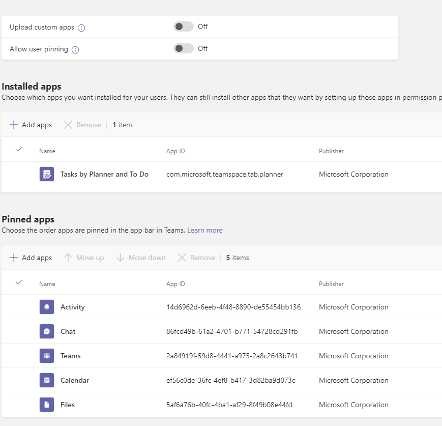 Policy editing screen with sections for general settings, installed apps, and pinned apps