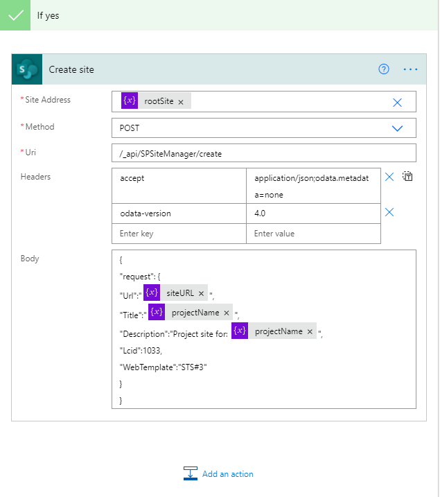 "Creating a SharePoint site by REST API