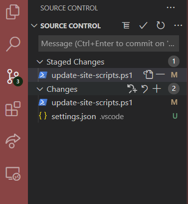 Source control window showing the files staged and not staged yet, with interface options for everything you need.