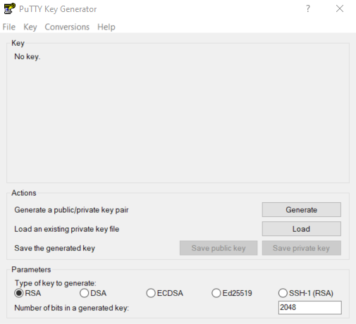 "PuTTYgen window, before creating/loading a key"