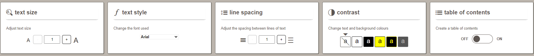 Fluid UI toolbar: text size, text style, line spacing, contrast, table of contents