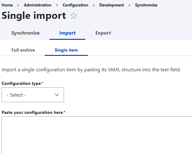 Configuration sync screen, allowing for import, export, and full archive or single items