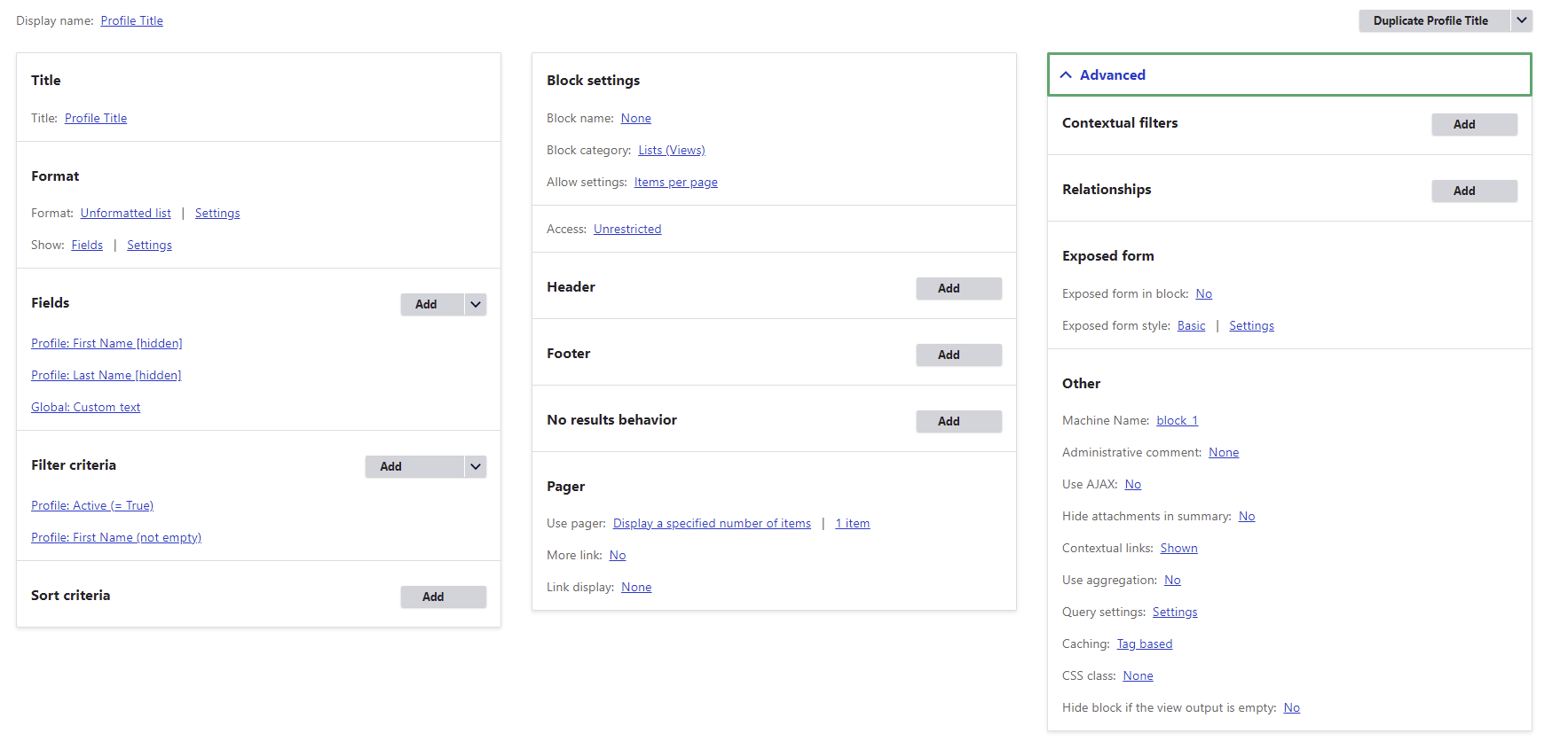 Screenshot of the view configuration including the fields First Name, Last Name, and Custom Text combining them