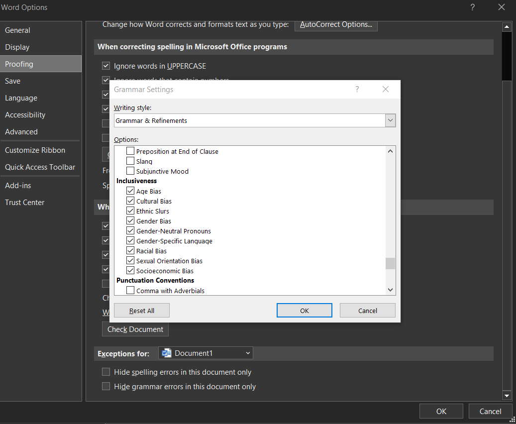 "Screenshot of the inclusive writing options"