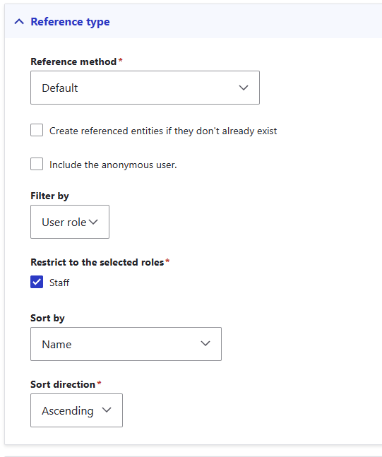 "The user entity reference settings, filtering to only show those of the role Staff"