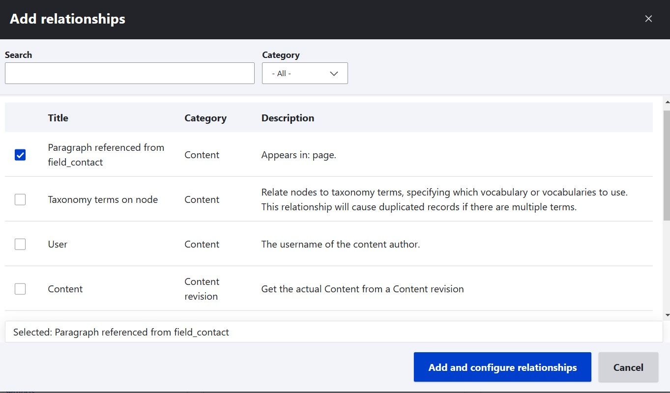 "Adding a relationship to paragraph referenced from field_contact."