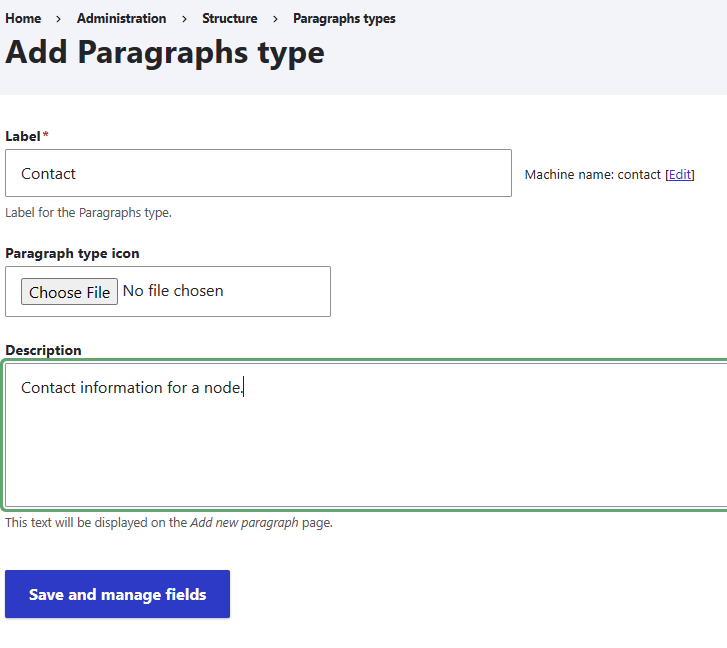 "Creating a paragraph type called Contact"