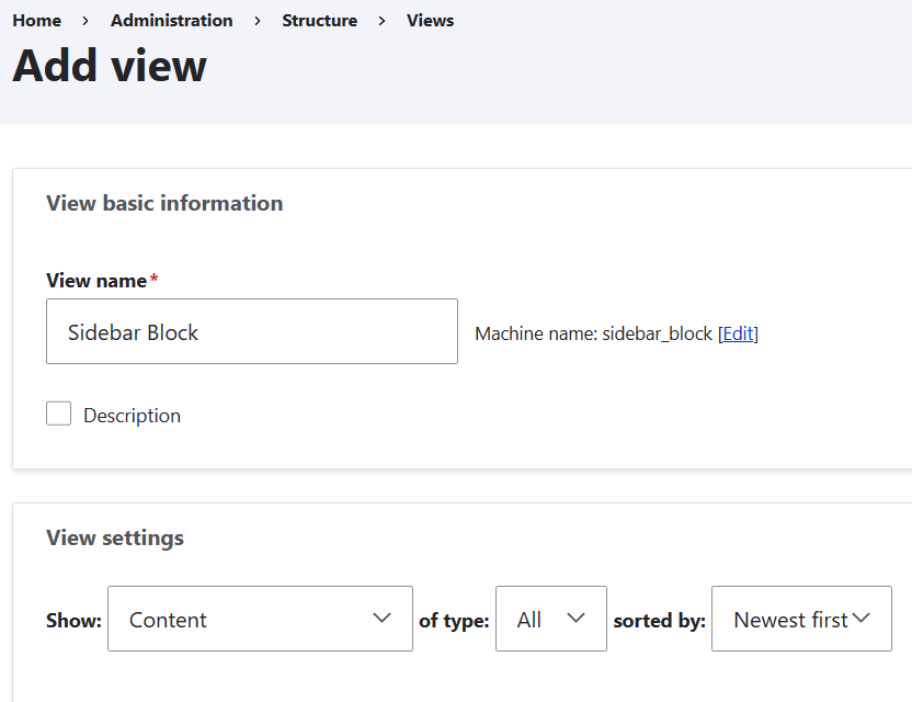 "Settings for creating the view. The essential component is the view settings showing Content."