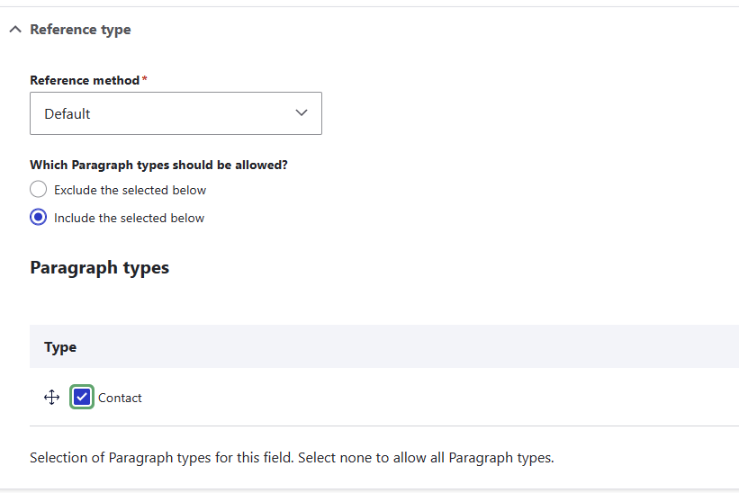 "The settings for the entity field, filtering to be able to select paragraphs of type Contact"