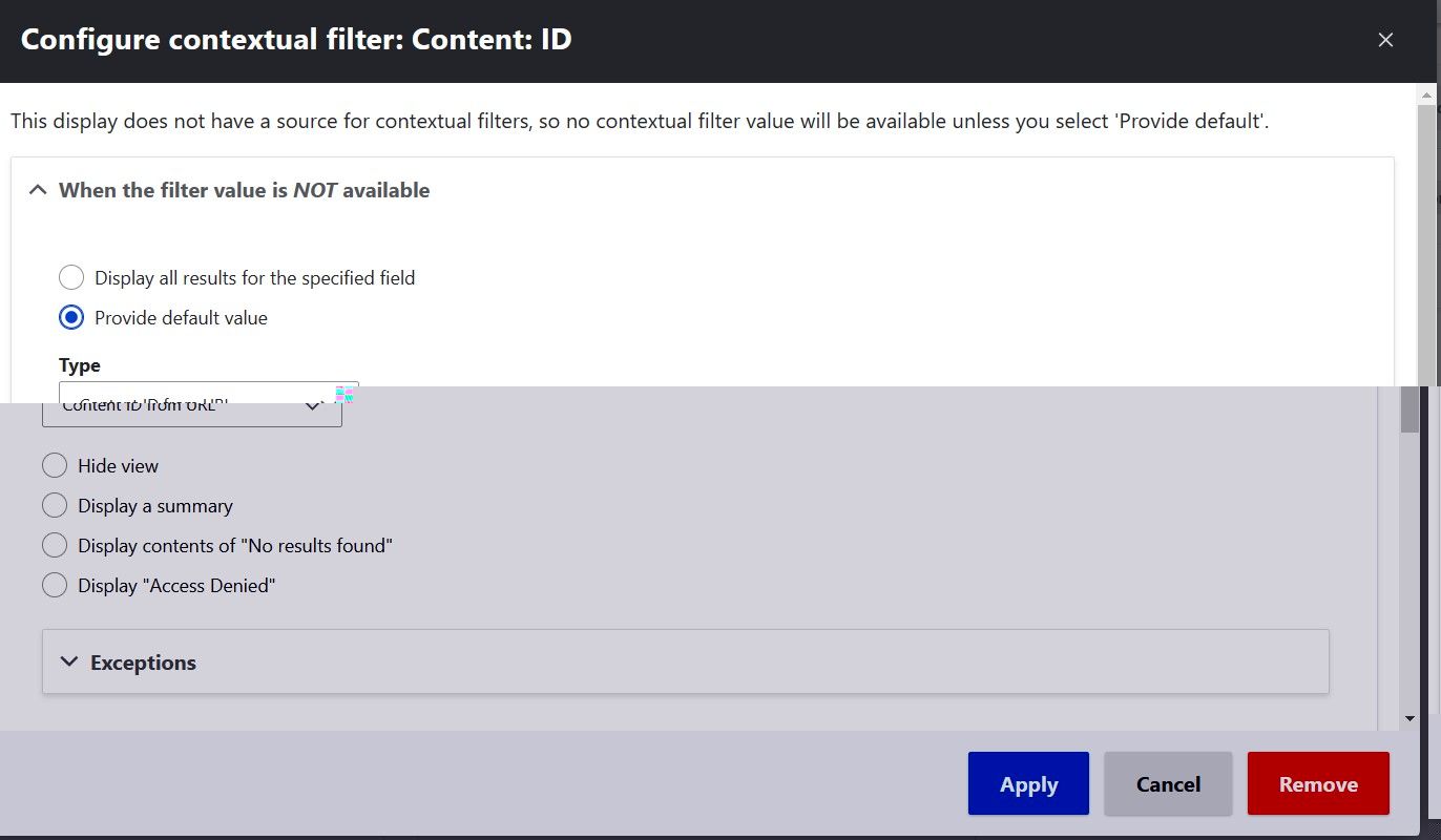 "Settings for the contextual filter, the content ID set to default on the content ID in the URL."