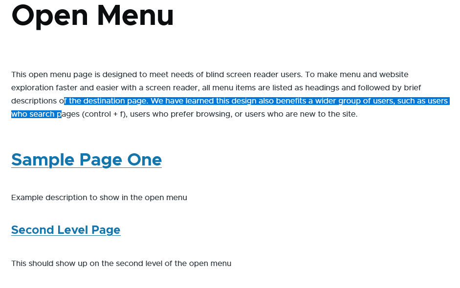 "Open Menu page. After an introductory description, there is a sample page at the top level that is an h2 and a sample page below that at an h3."