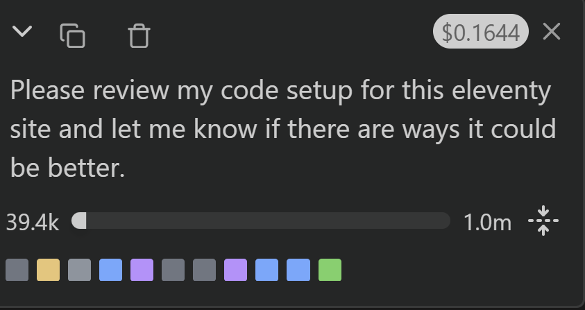 Cline's token summary window, showing the query, a button to copy, a button to delete, the price and token use so far.